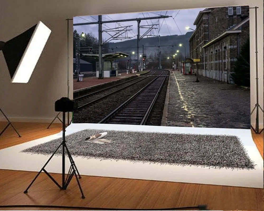 

Photography Backdrop Rail Track Mountain City Telegraph Pole Scenery Backdrops Party