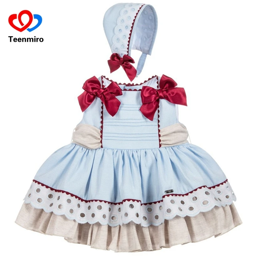

Summer Spain Kids Dresses for Girls Patchwork Baby Blue Dress Tulle handmade Bow With Hat PP Pant Toddler Girl Mini Robe Fille