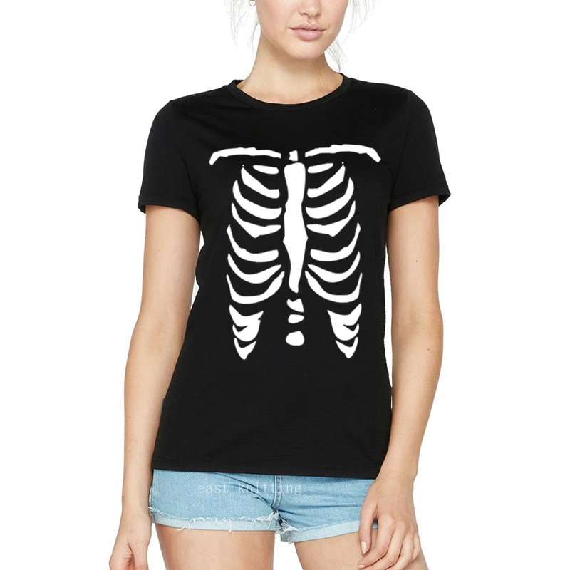 

WT0470 Punk Style Women Round Neck T shirt Chest Skeleton Print Black Tops