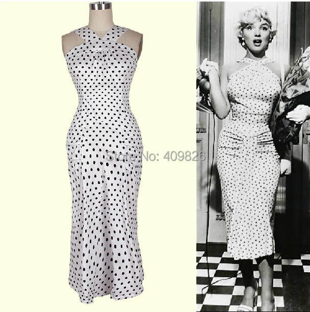Vintage Marilyn Monroe Style Y Black White Polka Dot Print Vintage Marilyn Monroe Style Y Black White Polka Dot Print Pencil Wiggle Dress Slim Waist Bodycon