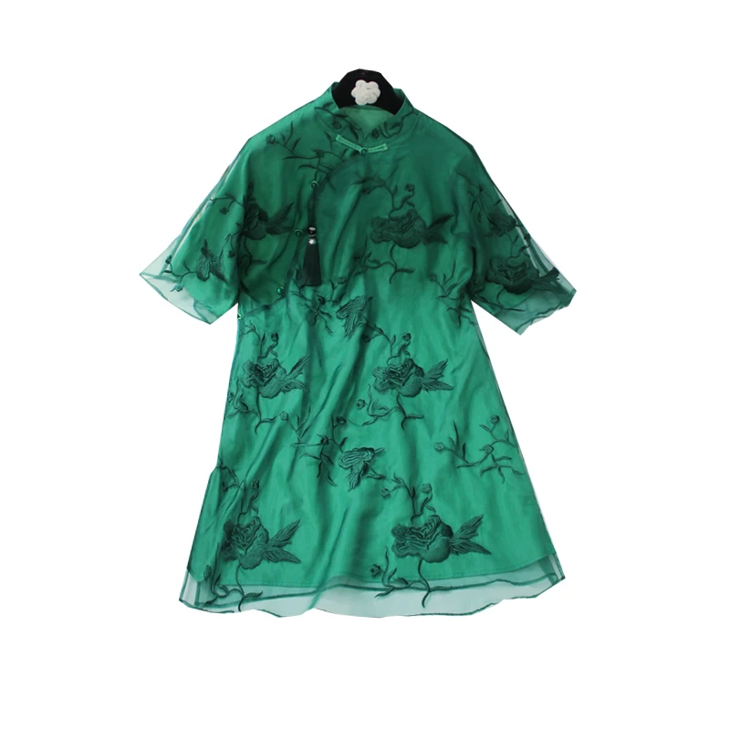 Зеленый китайский Стиль Классическая рубашка Для женщин ручной работы и пуговицы короткий рукав блузка вышивка цветок Офисные женские
