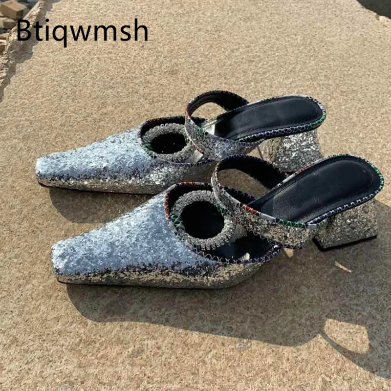

2019 Newest Gladiator Sandals Women Square Toe Sequined Rhinestone Strange High Heel Shoes Woman Sexy Mules Party Shoes