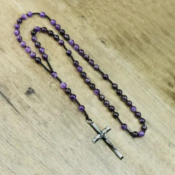 

New Women Gift Nature Stone Beads Chain Jesus Cross Pendant Necklaces 10 Ave Maria Prayer Rosary Ame-thyst Stone Necklace