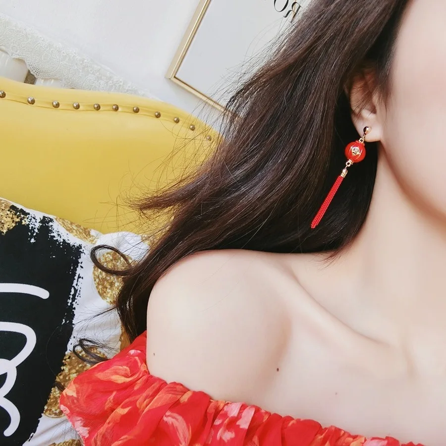 Red Lantern Chinese Knot Long Earrings Retro Chinese Style Festive Tassel Earrings New Year Women Fashion Jewelry Accessories