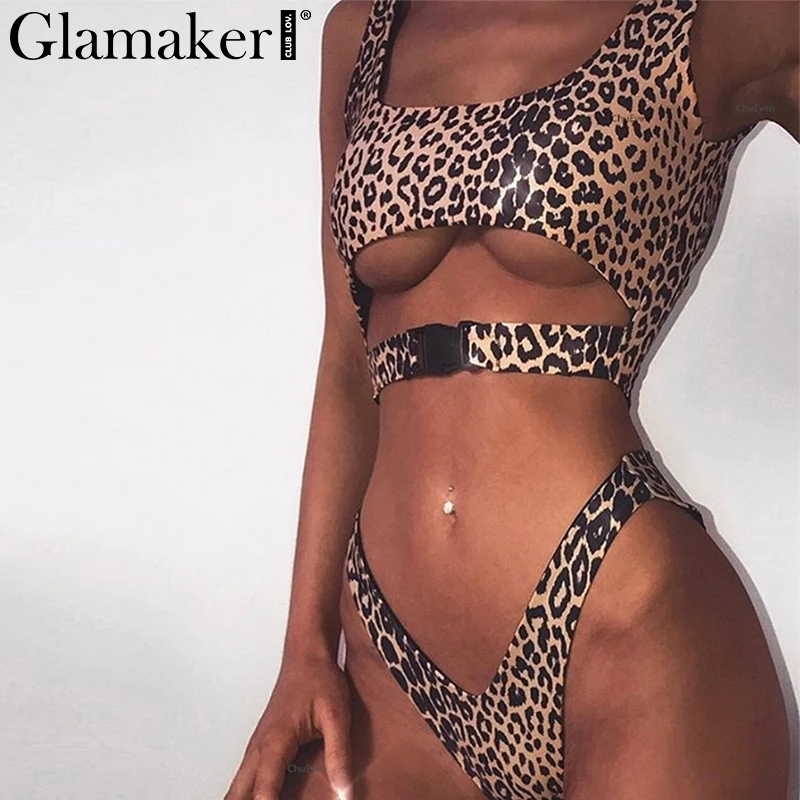 Glamaker ليوبارد النساء ارتداءها مثير رفع الصيف bodycon ارتداءها الإناث الجوف خارج ثوب السباحة اثنين من قطعة دعوى الجسم فام