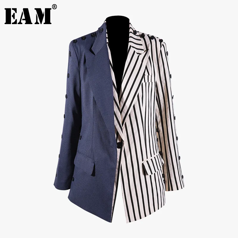 

[EAM] 2019 New Autumn Winter Lapel Long Sleeve Button Split Joint Hit Color Personality Jacket Women Coat Fashion Tide JQ495