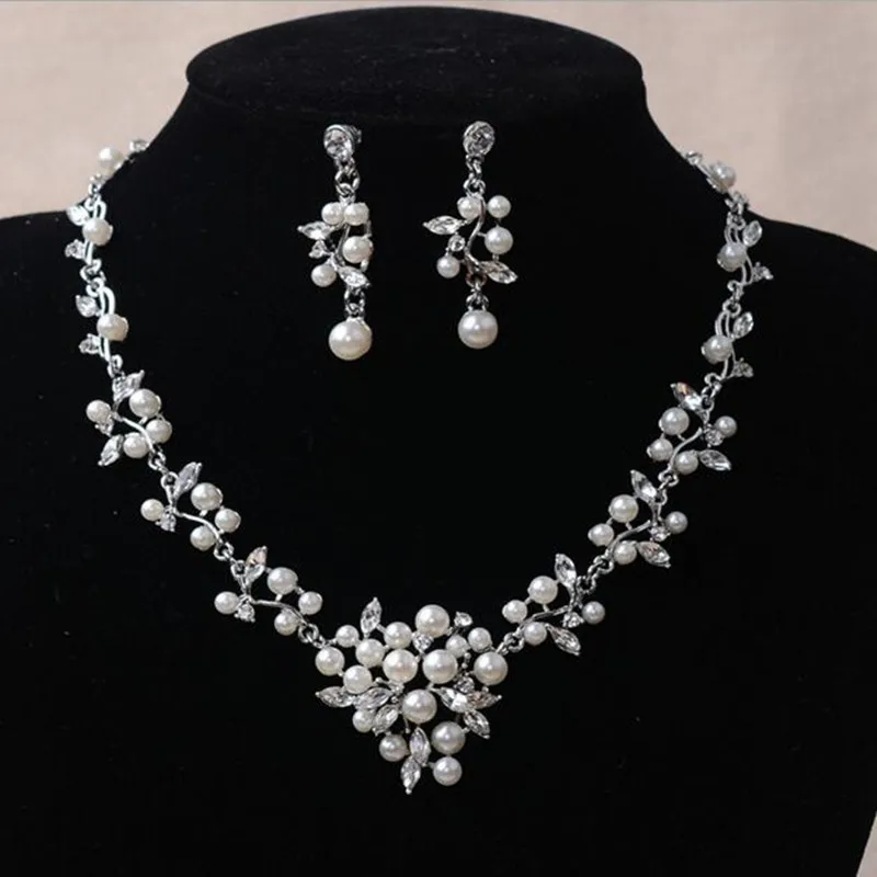 2017 Luxury Leaf Shape Pearls Bridal Jewelry Sets Silver Necklace
