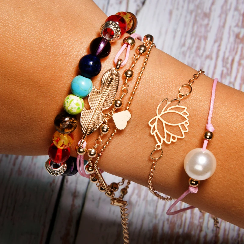 

MOON GIRL 7 Chakra Beaded Stretchy Lotus Bracelet Fashion Simulated Pearl Leaf Chic Girls Friendship Charm Bracelet Set Dropship