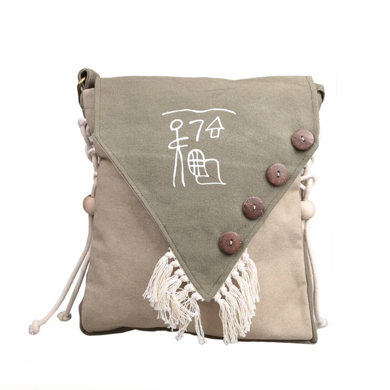 Женская сумка через плечо с бахромой в стиле ретро, парусиновая сумка-мессенджер, Национальный персонаж Dongba, ручная работа, сумка на плечо, этническая Повседневная сумка для девочек - Цвет: dark green