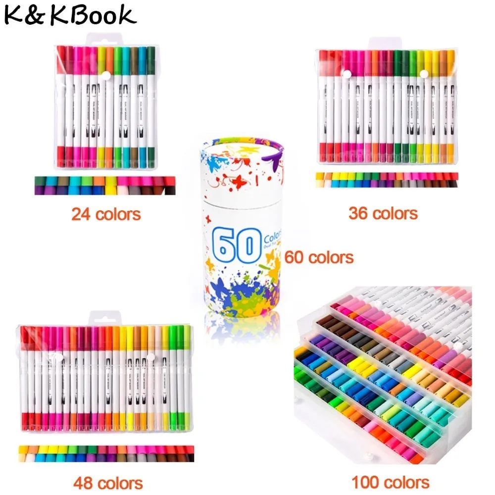 K & KBOOK 24 36 48 60 100 цветов ручка маркер с двойной головкой для рисования 0 4 мм маркеры