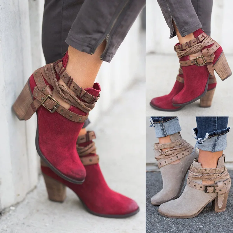 

Fashion Women Boots Spring Autumn High Heels Shoes for Female Rivet Buckle Daily Shoes PU Leather Ankle Boots756