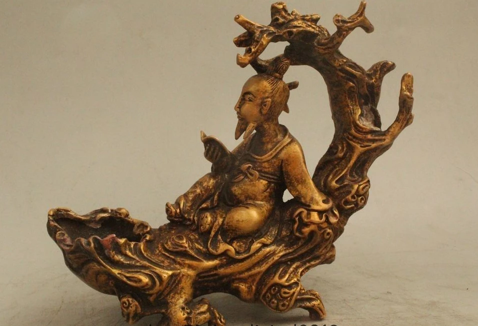 5"China Chinese Folk Bronze Geezer Poet Seat Tree Look Book Statue
