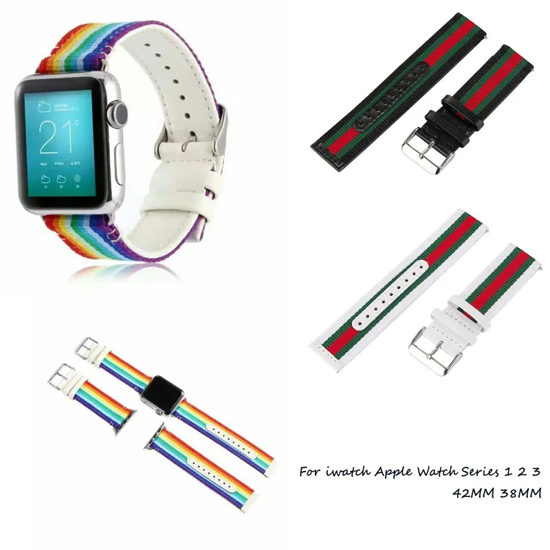

Striped Nylon+Leather Watch Band Strap for Apple Watch 38/42mm Watch Belt Bracelet for iwatch Series 1 2 3 Black White