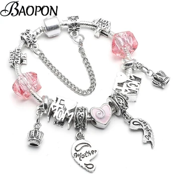 

BAOPON Trendy Silver Color Brand Bracelet For Women With I LOVE MOM Beads Brand Bracelets for Mother Silver Plated Jewelry