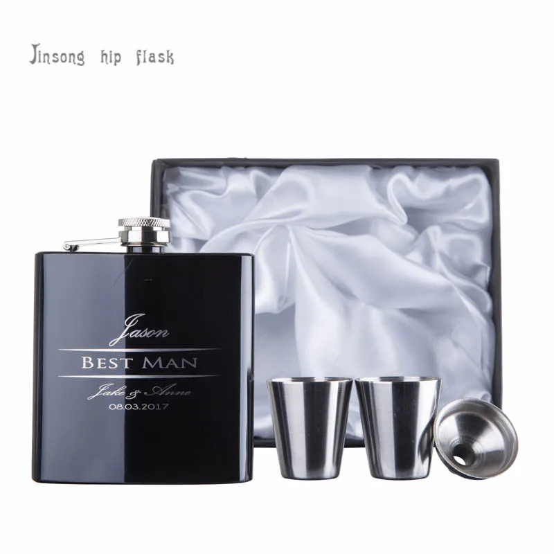 

6 oz personalized portable stainless steel hip flask set with two cups and one funnel in black gift box