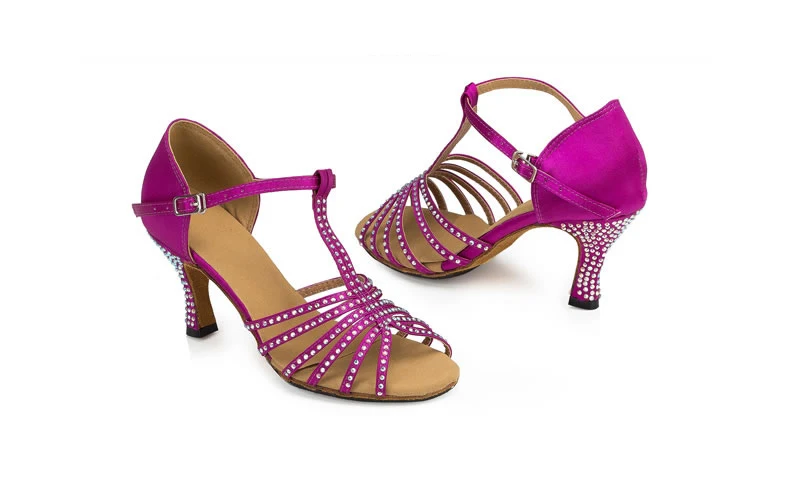 Dileechi Алмазная фиолетовая атласная Латинская танцевальная обувь женский квадратный танцевальная обувь, мягкая подошва, групповой танец обувь