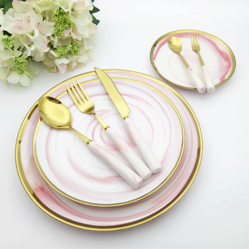 Service Complet De Vaisselle En Ceramique Assiette En Ceramique Couteau Fourchette Cuillere Bord Dore Plats Plats Plats Marbres Avec Vaisselle En Or Ensemble De Plateaux Alimentaires Nordiques Aliexpress