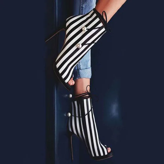 

Striped Peep Toe Boots Lace Up Pearls Decor Platform Woman Shoes Runway Party Stylish Short Ankle Boots