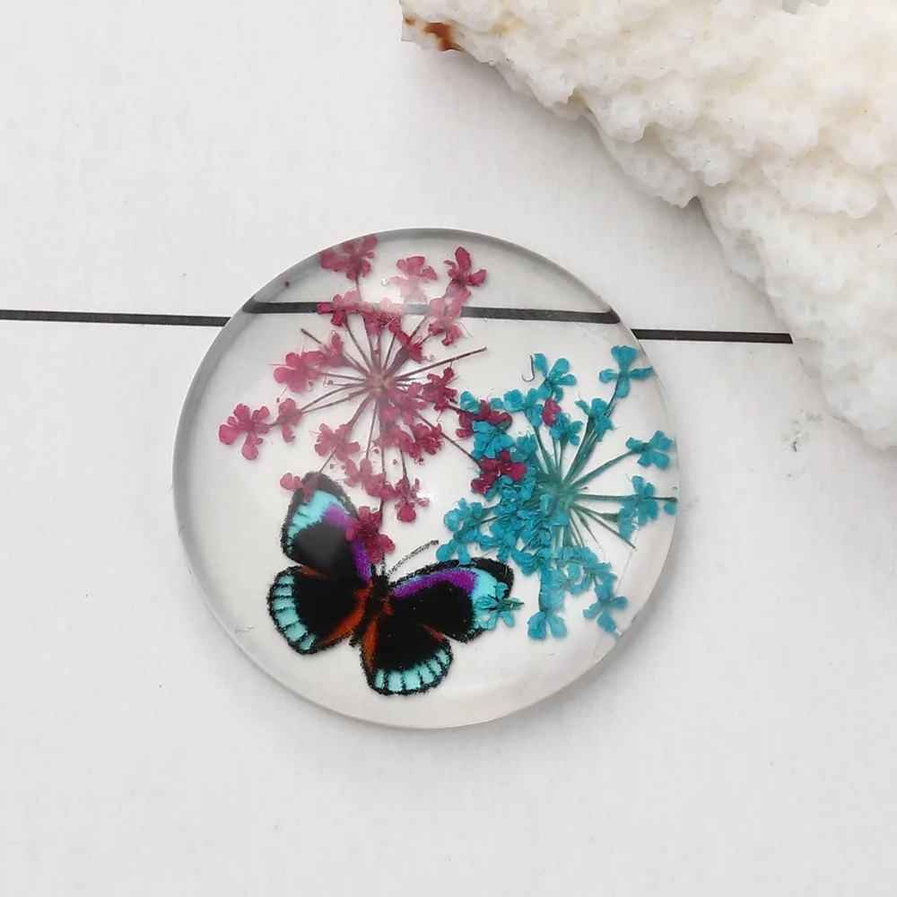

DoreenBeads Glass & Dried Flower Dome Seals Cabochon Round Flatback Multicolor Butterfly Pattern Transparent 30mm Dia, 3 PCs