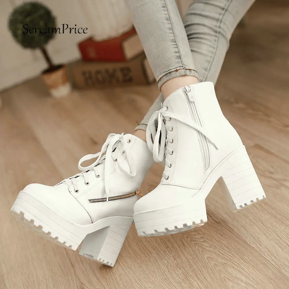 

Platform Boots Soft Women Pu Leather Ankle Boots Thick High Heels Boots Zipper Lace Up Autumn Winter Plus Size Woman Shoes 2018