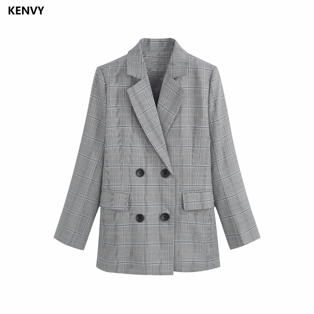 

KENVY Brand Fashion Women's High-end Luxury Autumn Vintage Slim Plaid Long Blazer Coat