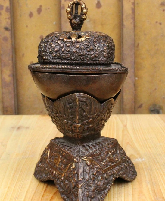 

8" Tibet Buddhism Temple Copper Bronze vajra Buddha Statue lncense burner Censer