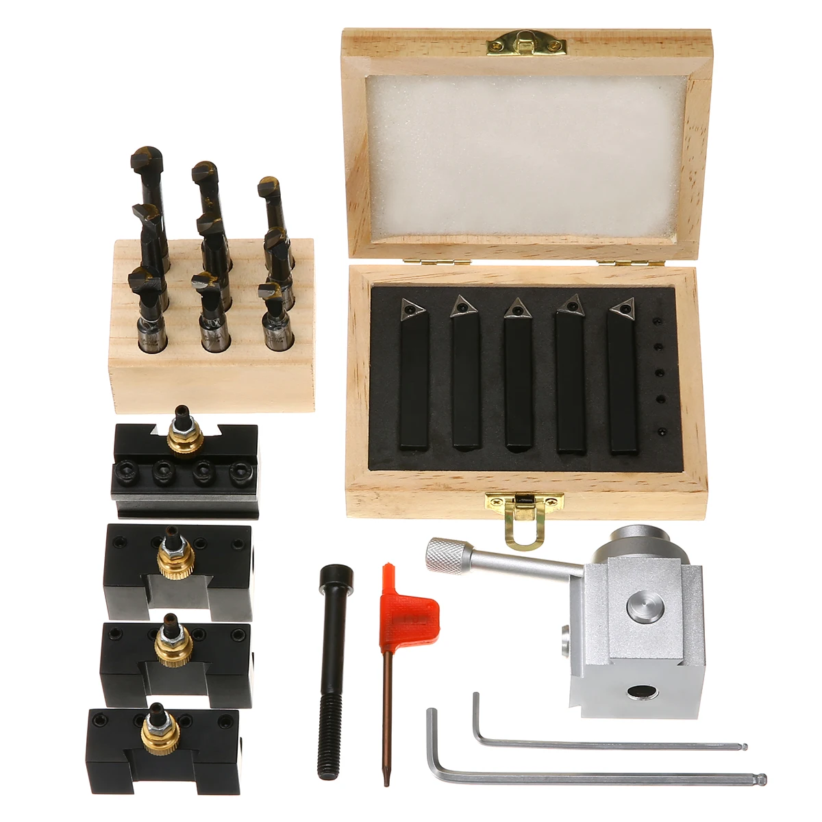 

Mayitr 9pcs 3/8 Boring Bar + 5pcs Quick Change Tool Post Holder + 5pcs 3/8 Turning Tool Holder with Wooden Box
