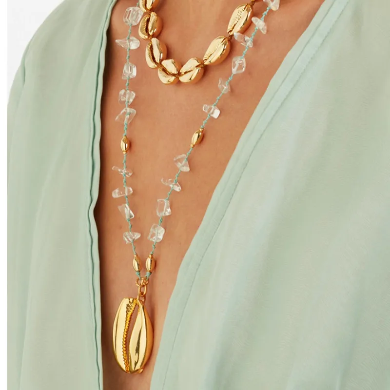 Боло богемное женское длинное большое ожерелье с кулоном в виде раковины каури Collana di conchiglie Collier de coquillage Collar de concha