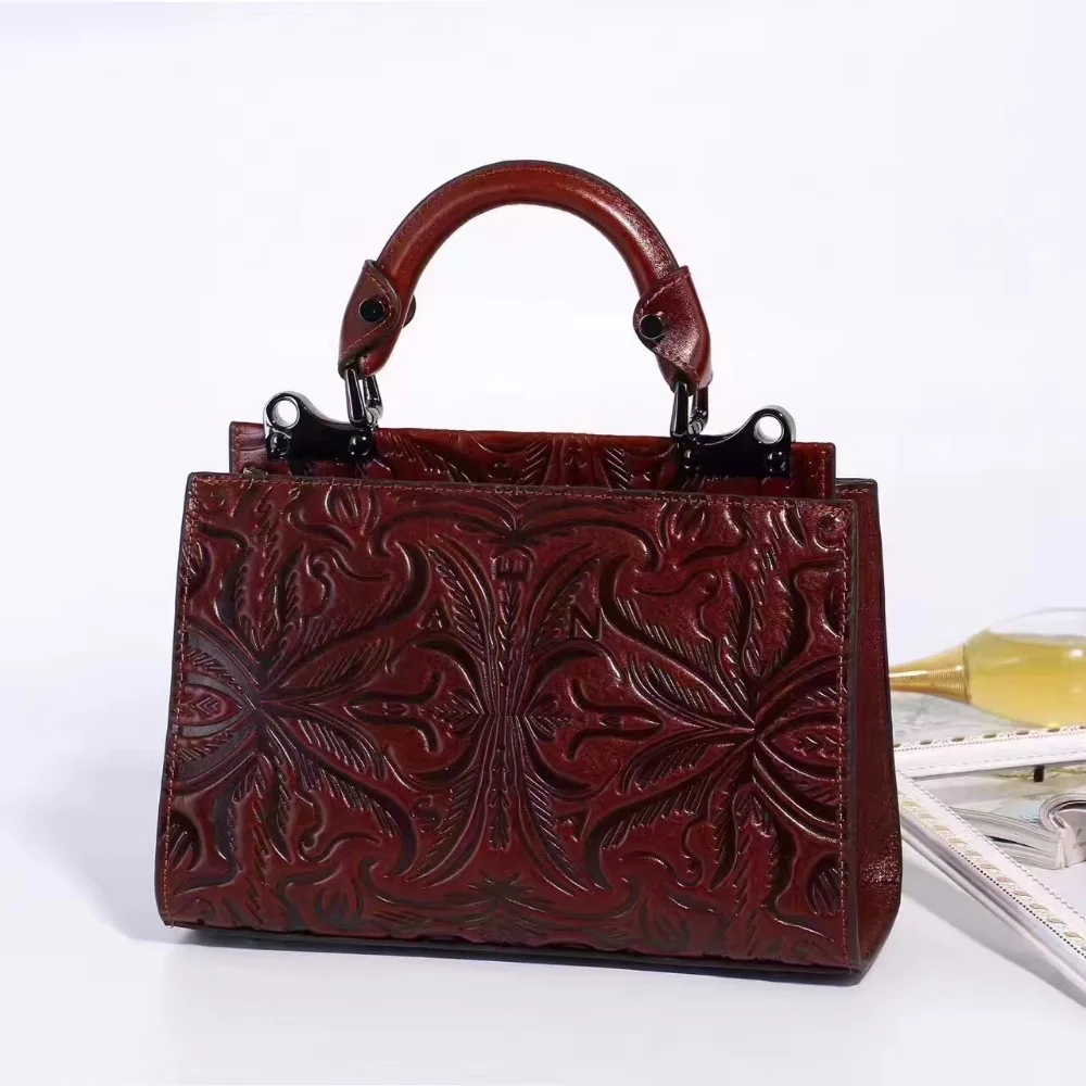 Vintage Genuine Leather Female Embossed Flower Bag Retro Woman