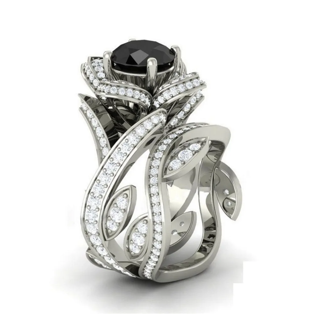 Austrian Crystal Jewelry Cubic Zirconia Rose Flower Wedding Rings Silver Leaf Round Cut Clear Ring Stainless Steel for Women