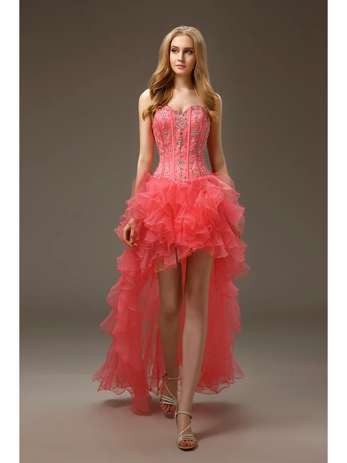 2016 Real Images Coral Short High Low Prom Gowns Strapless