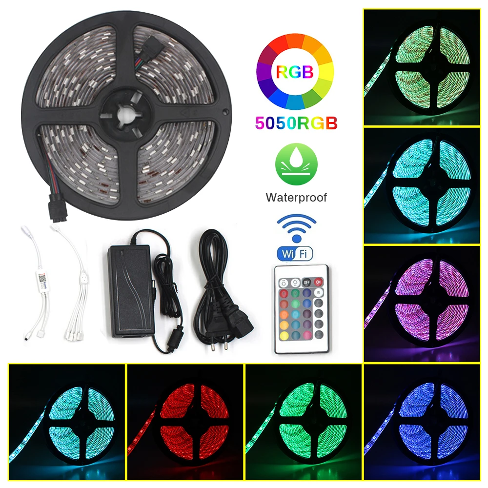 5m/10m/15m/20m LED Flexible Strip Light Multi-Spec US/EU/UK/AU 12V APP Wireless 24 Key Controller Garden Bar Indoor Decoration