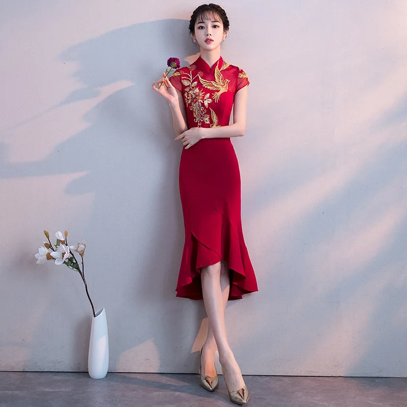 Вышивка Cheongsam длинное традиционное китайское винтажное платье красное свадебное платье Русалка сексуальное платье Ципао с разрезом Современные платья - Цвет: wine red