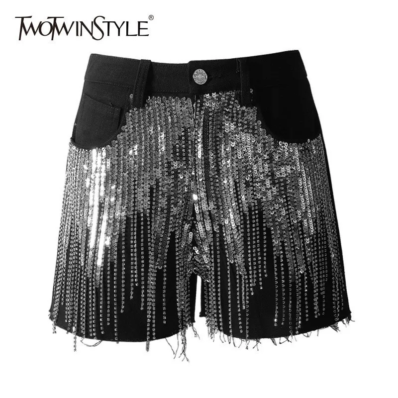 sequin jean shorts