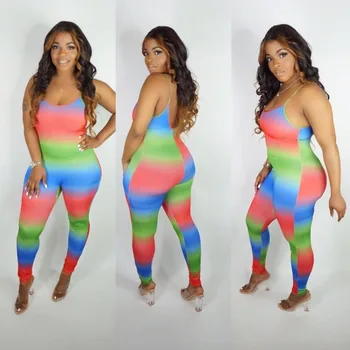 

Sexy Rainbow Striped Strapless Sleeveless Backless Women Spaghetti Strap Bodycon Jumpsuit