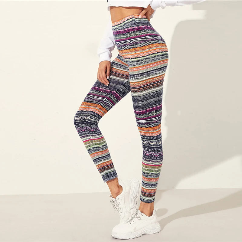 Romwe/спортивные разноцветные лосины для бега с геометрическим принтом; женская одежда для активного отдыха; обтягивающие леггинсы для бега