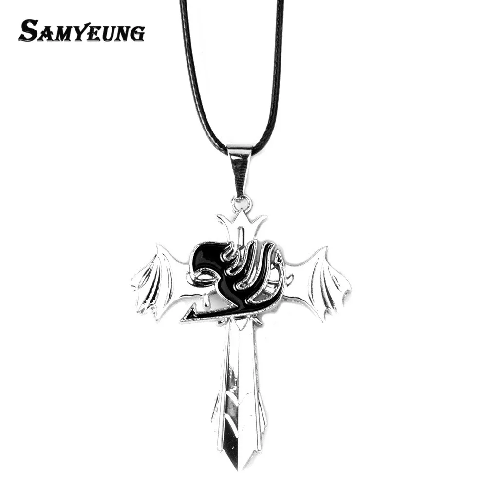 

Anime Fairy Tail Cross Pendant Necklaces for Men Silver Wing Leather Necklace Male Neckless Women Jewelry Dropshipping