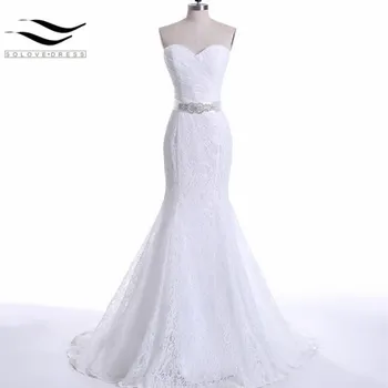 

Pleat Bridal Wedding Gown Real Photos White Lace Cheap Sweetheat Mermaid Wedding Dress Lace Sash vestido De noiva 2017
