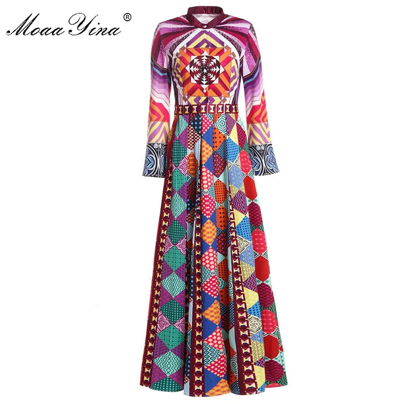 

MoaaYina High Quality Fashion Designer Runway Maxi Dress Spring Women Flare sleeve Print Plaid Indie Folk Casual Pleated Dress