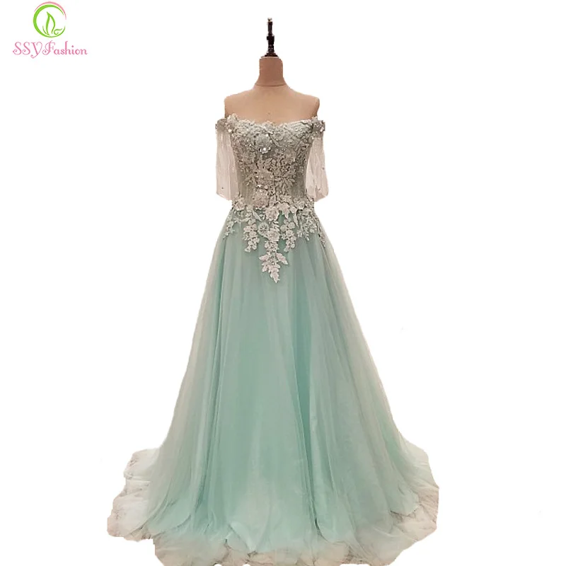 2017 Nueva Ssyfashion De Noche De Lujo Vestido De Novia De Encaje De Color Verde Claro Barco Flor Cuello Media Manga Larga Vestido De Fiesta Formal Del Partido Vestido Formal Gowns Luxury Evening Dressevening