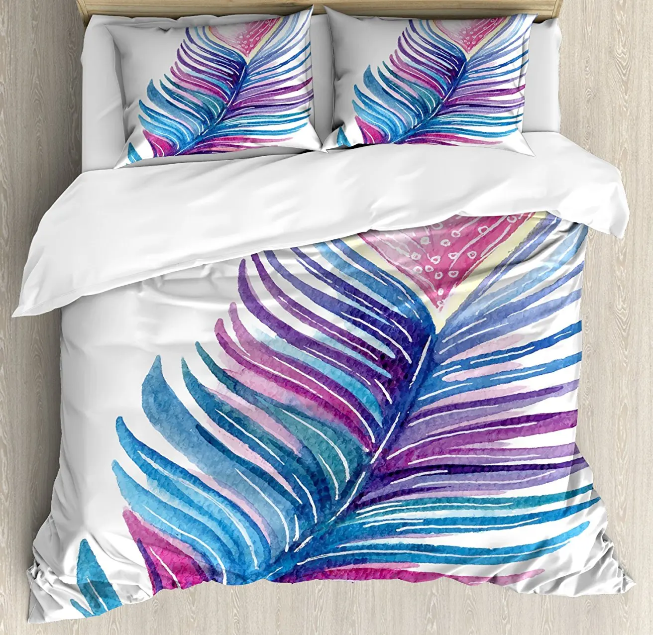 

Duvet Cover Set , Hand Drawn Tribal and Ethnic Feathers Heart Vibrant Colored Native American, 4 Piece Bedding Set