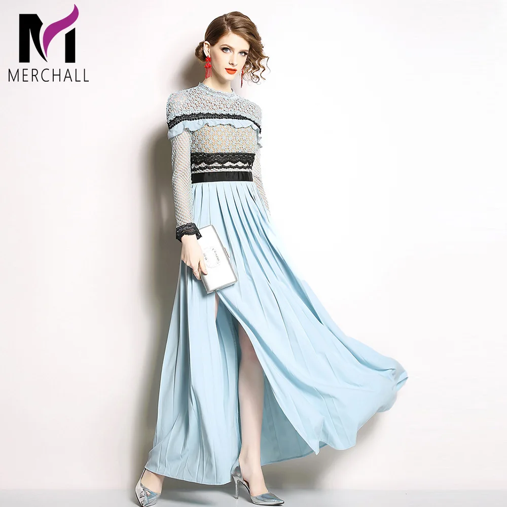 

Merchall Runway Women's Long Sleeve Maxi Dress Floral Hollow out Embroidery Long Dress Side Split Elegant Formal Party Dresses