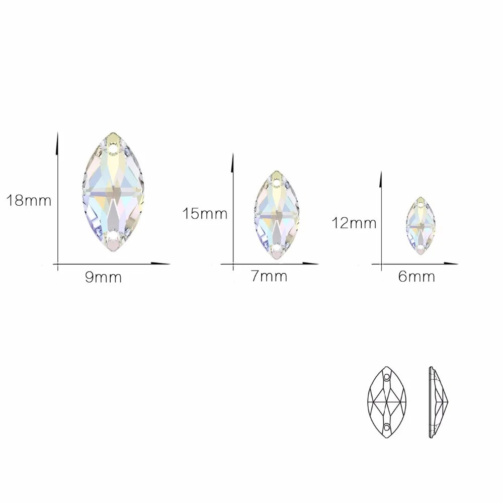 Прозрачные стразы 3223 Navette всех размеров с плоской задней частью, стразы с двумя отверстиями для украшения свадебной одежды