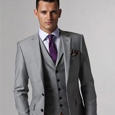 

Hot selling 2018 Custom made Light gray Notched Lapel Groom Tuxedos Groomsmen Men Wedding Prom Clothing (Jacket+Pants+Vest+Tie)