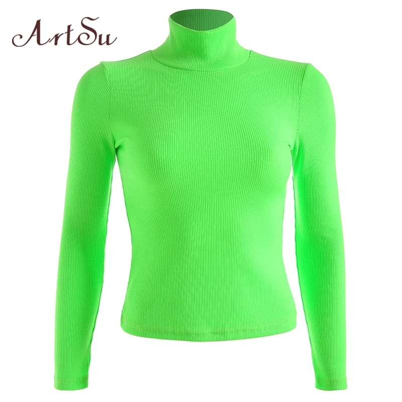 

ArtSu Autumn Neon Green Women Long Sleeve T shirt Turtleneck Best Friends T shirt Woman Casual Tee Streetwear ASTS21075
