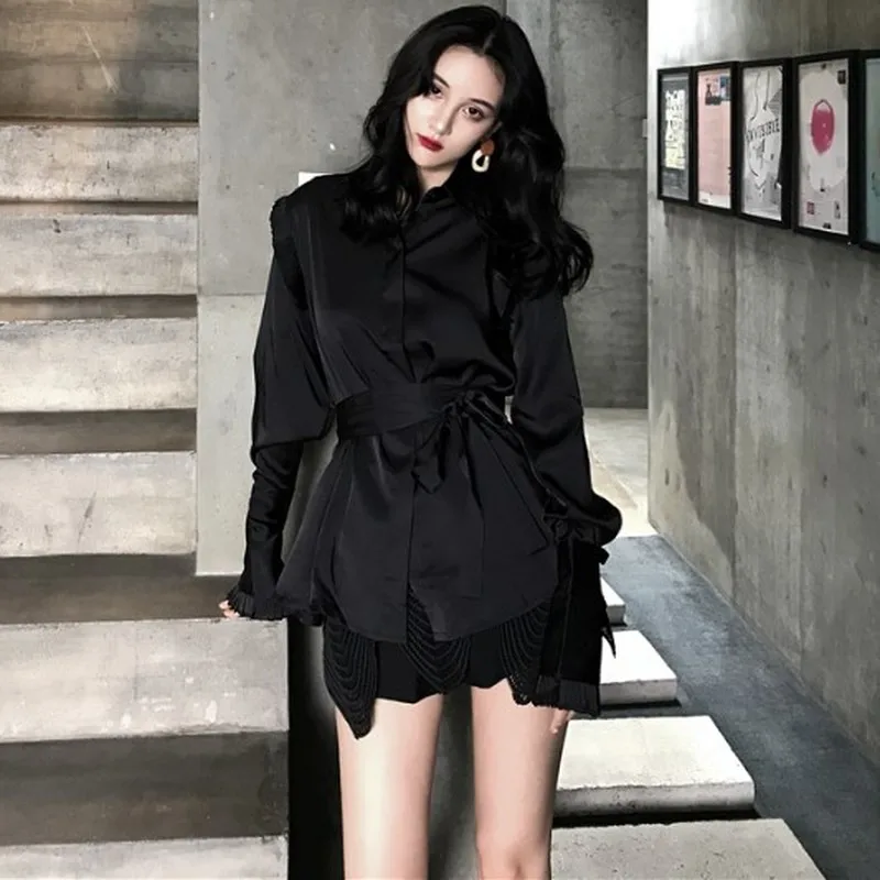 

2019 Spring New Women's Shirt Two Piece Set Mesh Shorts Womens Tops and Blouses Shirts Women Fashion Black Korean Blouse FF033