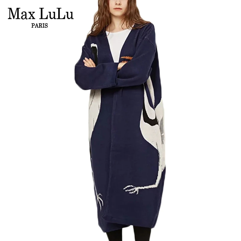 

Max LuLu Famous Brand Korean Fashion Womens Long Cardigans Knitted V Neck Printed Woman Christmas Sweater Thicken Winter Clothes