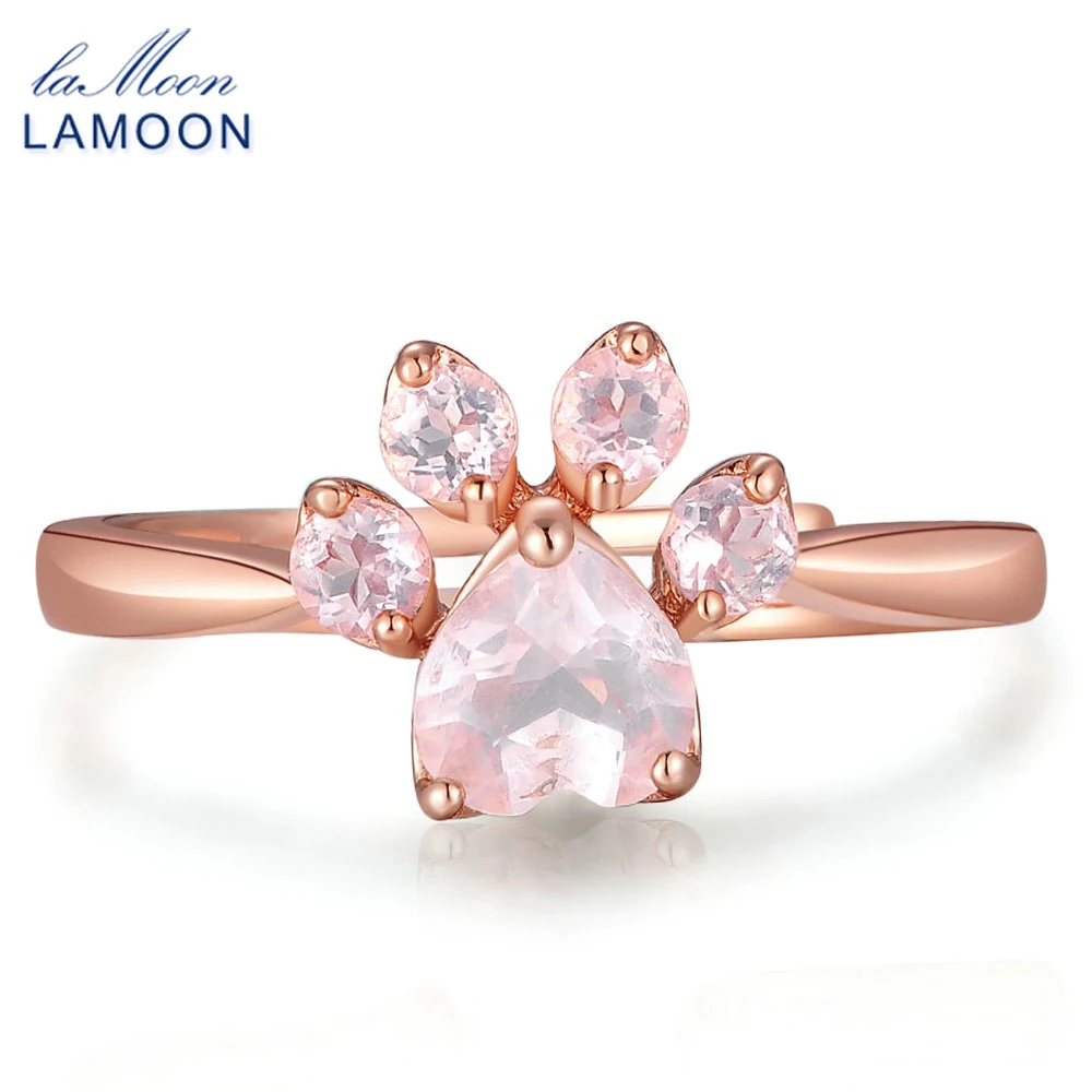 

LAMOON 925 Sterling Silver Fine Jewelry Rings Adjustable Bear's Paw Natural Pink Rose Quartz Ring Romantic Wedding Bands Anillos