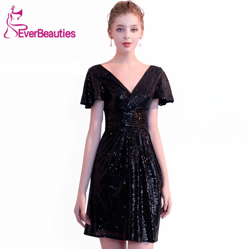 Robe De Cocktail Sequins коктейльные платья с v-образным вырезом и коротким рукавом платья для выпускного вечера женские вечерние платья