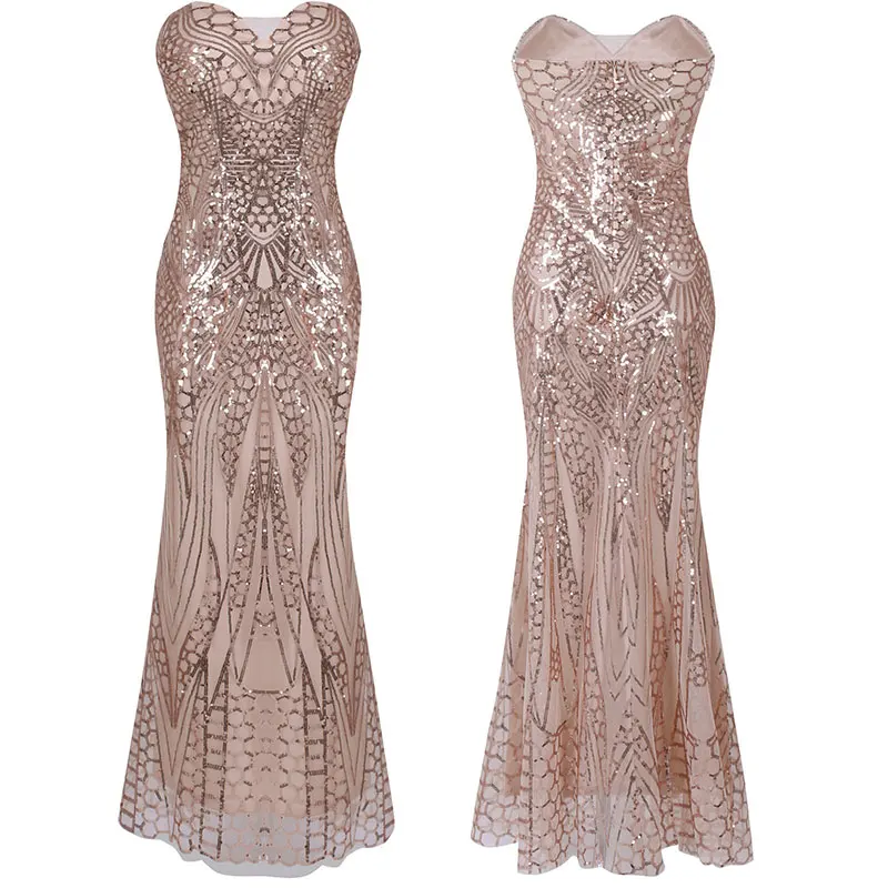 

Women's 1920s Beaded Sequin Geometric Pattern Maxi Long Gatsby Flapper Dress